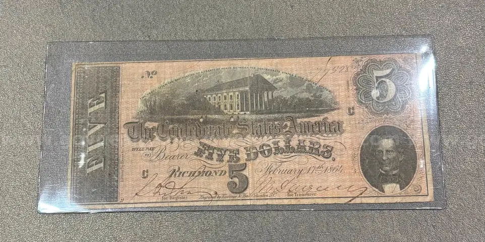 1864 Confederate Civil War Five Dollar Bill in Holder $5