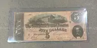 1864 Confederate Civil War Five Dollar Bill in Holder $5