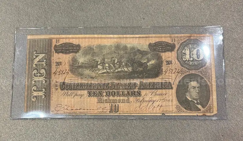 1864 Confederate Civil War Ten Dollar Bill in Holder $10