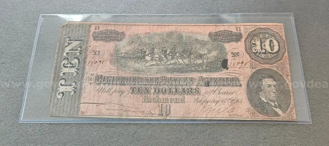 1864 Confederate Civil War Ten Dollar Bill in Holder $10