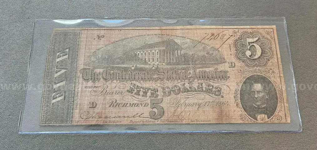 1864 Confederate Civil War Five Dollar Bill in Holder $5