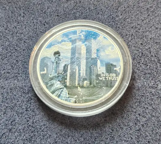 Sterling Silver Painted Eagle Dollar- 9/11 Memorial Coin Twin Towers