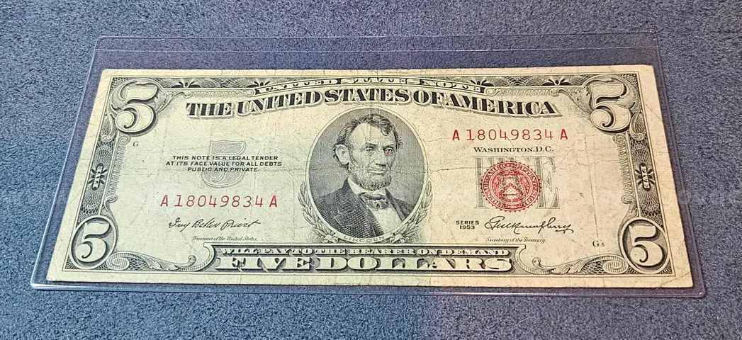 Red Note 1953 Five Dollar Bill in Holder