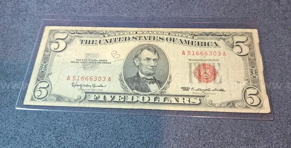 Red Note 1963 Five Dollar Bill in Holder