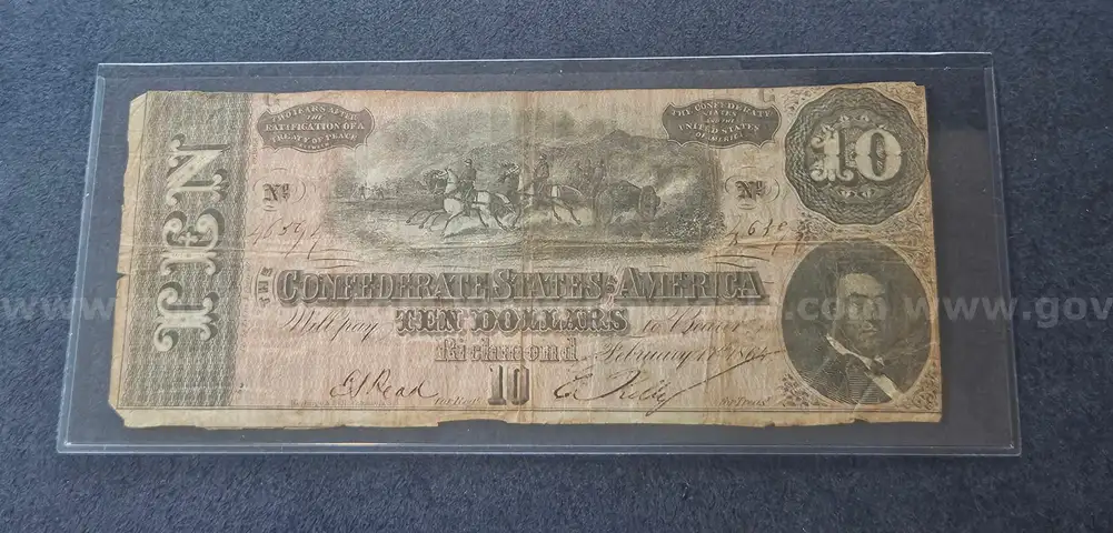 1864 Confederate Civil War Ten Dollar Bill in Holder $10