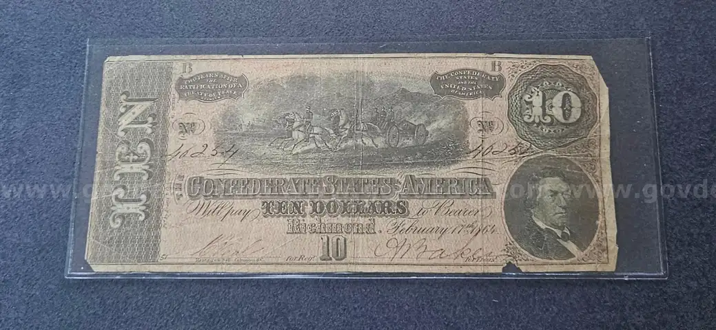 1864 Confederate Civil War Ten Dollar Bill in Holder $10