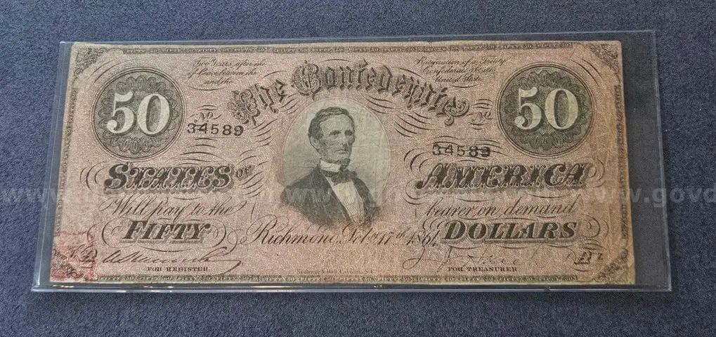 1864 Confederate Civil War Fifty Dollar Bill in Holder $50