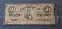 1864 Confederate Civil War Fifty Dollar Bill in Holder $50