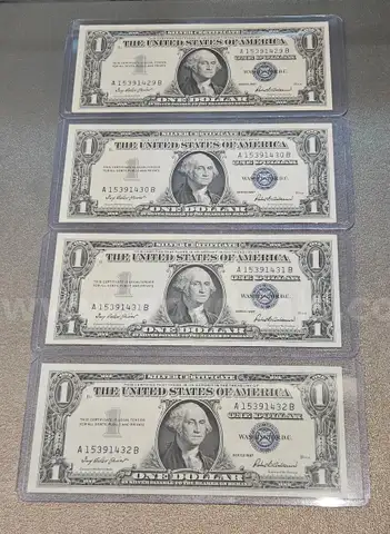 Lot of 4 Sequential Silver Certificate Dollar Bill in Holder