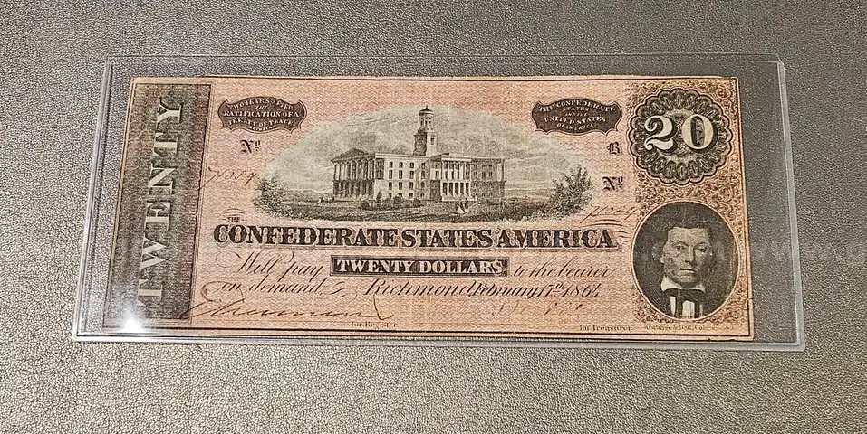 1864 Confederate Civil War Twenty Dollar Bill in Holder $20
