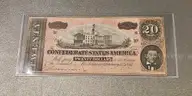 1864 Confederate Civil War Twenty Dollar Bill in Holder $20