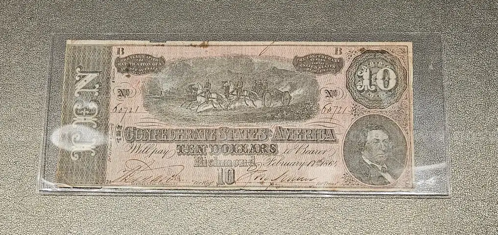 1864 Confederate Civil War Ten Dollar Bill in Holder $10