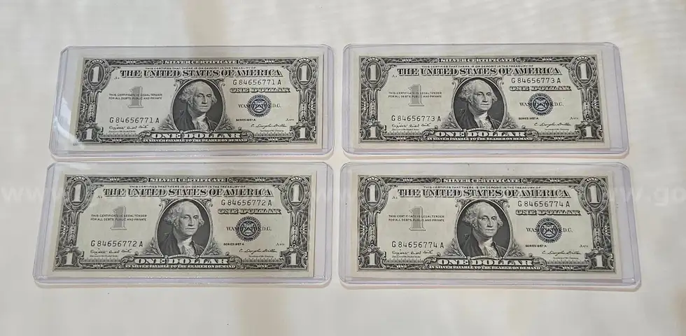 Lot of 4 Sequential Silver Certificate Dollar Bill in Holder