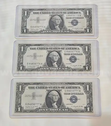 Lot of 3 Sequential Silver Certificate Dollar Bill in Holder