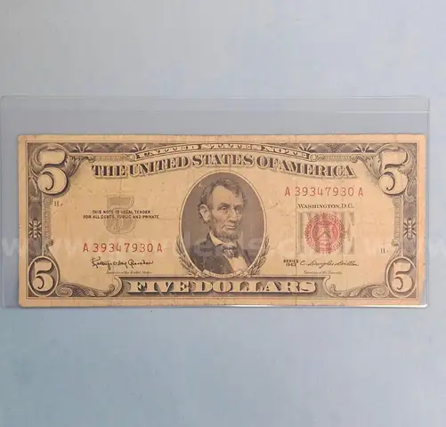 Red Note 1963 Five Dollar Bill in Holder