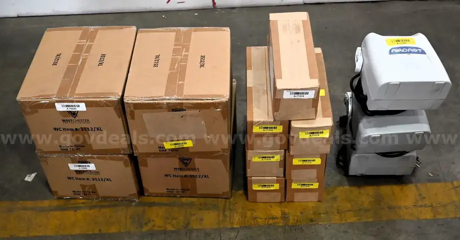 Lot of Various Lab and Medical Equipment (Compression Pump, Knee Crutch Attch., & Lab Coat)