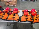 Lot of swift water rescue equipment Set of 4 helmets, 4 PFDs, 4 Floating throw rope bags