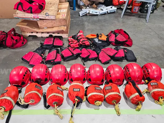 HUGE Lot of swift water rescue equipment Set of 8 helmets, 10 PFDs, 8 Floating throw bags, 4 GEAR BAGS