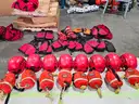 HUGE Lot of swift water rescue equipment Set of 8 helmets, 10 PFDs, 8 Floating throw bags, 4 GEAR BAGS