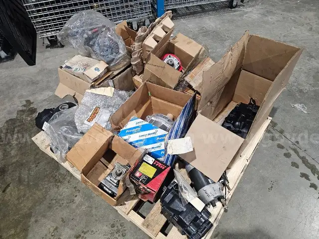 Pallet of new old stock fire truck parts starters, alternator, hydraulic pumps, steering pump, pto pump