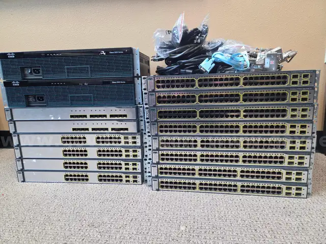 Lot of 14 Cisco 3750 Series Switches, 2 Cisco 2911 Routers, 16 SFP Transceivers