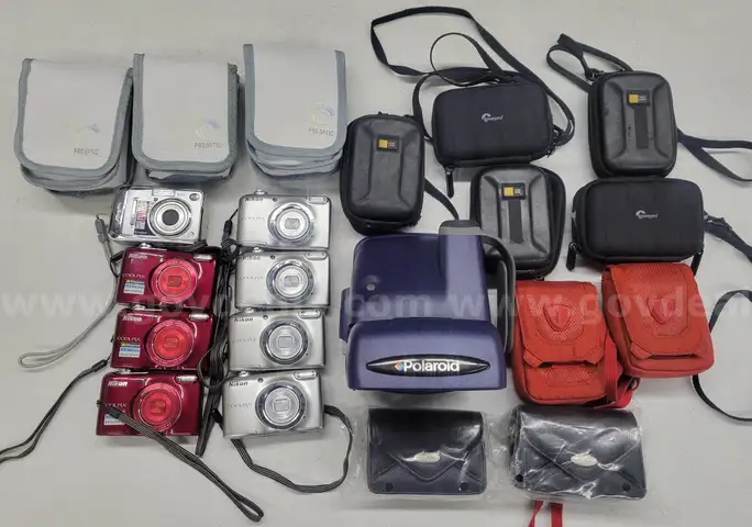 9 cameras, 9 camera cases, 3 camera cleaning kits