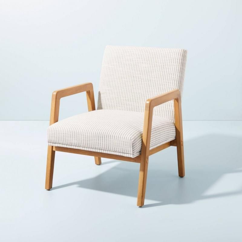 Upholstered Wood Framed Accent Arm Chair Cream Gray Stripes Hearth Hand with Magnolia AllSurplus Pittston