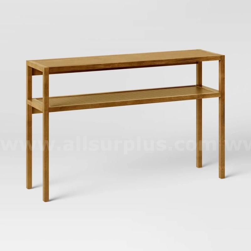 Warwick Narrow Console Table Natural Threshold Solid Wood Rattan Shelf Transitional Style AllSurplus Indianapolis