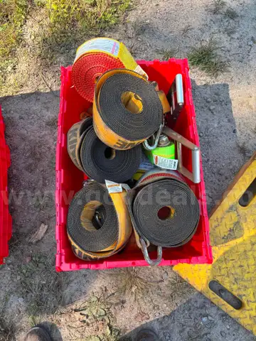 3 Bins of Straps and Ratchet Straps