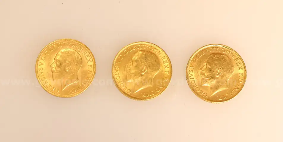 3 Assorted Year British Gold Sovereign King George V Coins, 23.7 Grams