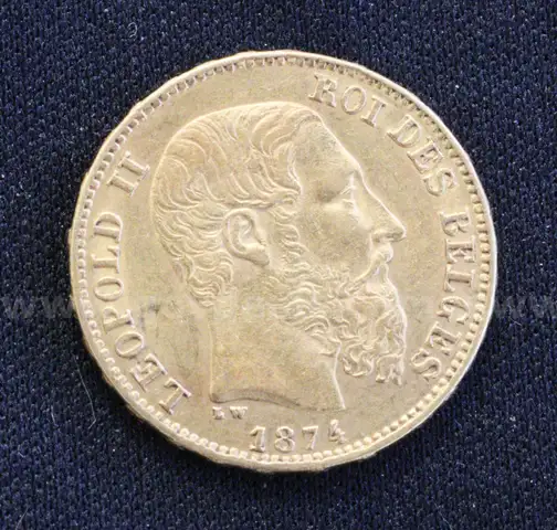 1874 Belgium 20 Francs Gold Coin, 6.3 Grams