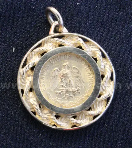 1945 Mexico Dos Peso Coin In 14K Yellow Gold Bezel, 5.0 Grams