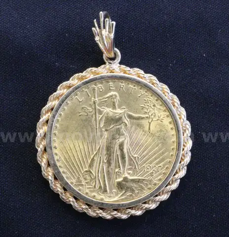 1927 U.S. St Gaudens $20 Gold Coin In 14K Y/G Rope Bezel, 43.1 Grams