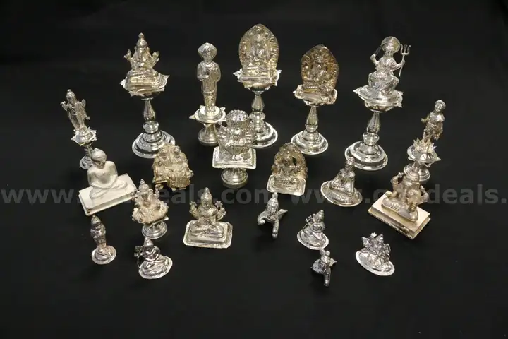 21 Assorted Sterling Silver Hindu Idols &#x26; 9 Silver Pedestals, 992.3 Grams Total