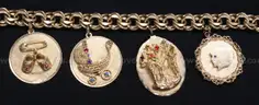 14K Yellow Gold Large Double Curb Charm Bracelet With 4 Charms, 68.4 TGW
