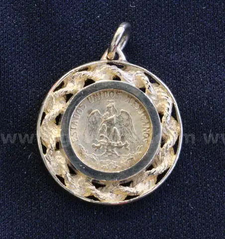 1945 Mexico Dos Peso Coin In 14K Y/G Rope Design Bezel Pendant, 4.7 Grams