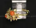 18K Yellow Gold Flower Design Ring With Blue &#x26; Coral Stones, 5.4 Grams
