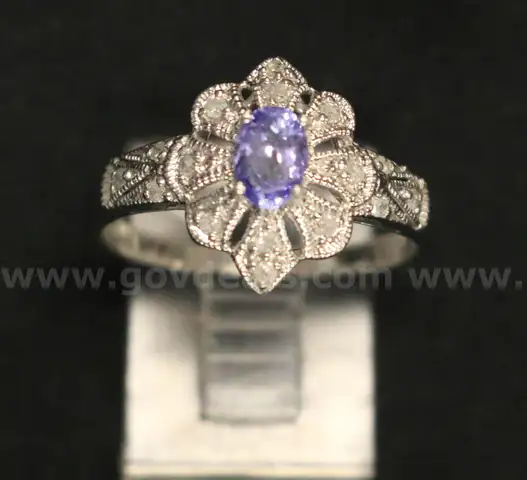 10k White Gold Ring with Purple Stones and Diamonds, 2.6 Grams