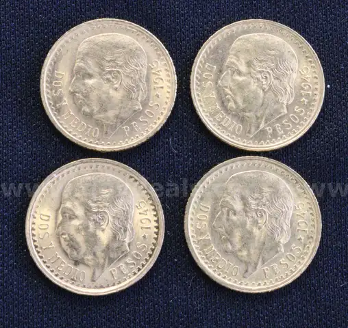 4- 1945 Mexico Dos y Medio Pesos Gold Coins, 8.3 Grams Total