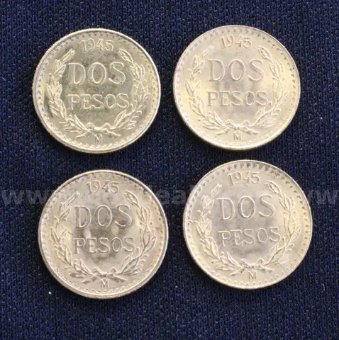 4- 1945 Mexico Dos Pesos Coins, 6.6 Grams