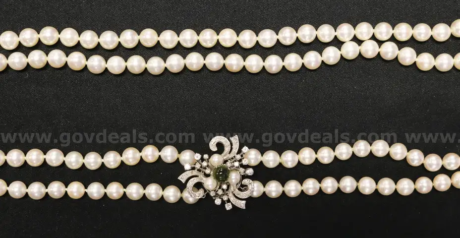 Double Strand Of Pearls With 14K W/G  Diamond &#x26; Peridot Clasp