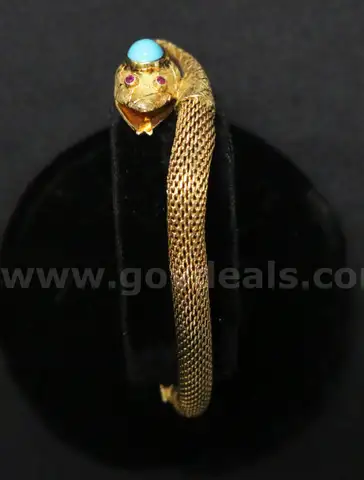 18K Yellow Gold Snake Design Bracelet With Turquoise &#x26; Red Stones, 30.9 Grams