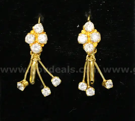 22K Yellow Gold Dangle Earrings With White Stones, 5.3 Grams