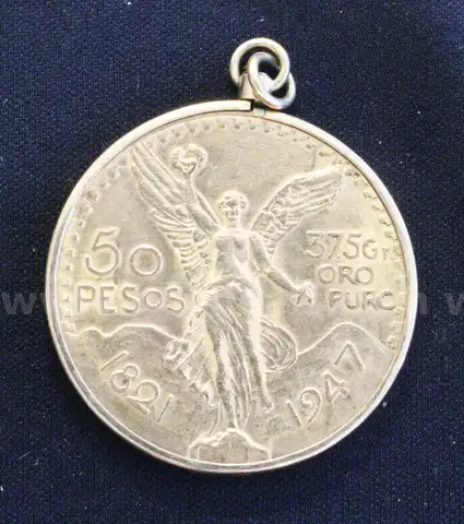 1947 Gold Mexico 50 Peso Coin With 14K Y/G Bezel, 44.5 Grams