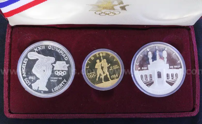 1983-1984, 3-Coin Proof Set Los Angeles Olympiad $1 Silver &#x26; $10 Gold Coins
