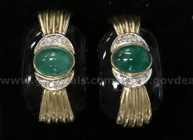 14K Yellow Gold Earrings with Black and Green Stones and Diamonds, 14.9 Grams