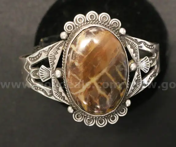 Silver Cuff Design Bracelet with Polished Brown Stone, 46.7 Grams