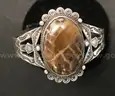 Silver Cuff Design Bracelet with Polished Brown Stone, 46.7 Grams