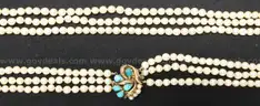 Triple-Strand Pearl Necklace with 14K Gold Clasp and Turquoise Stones