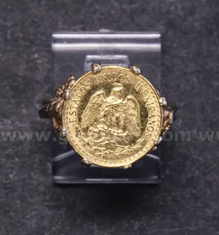1945 Mexico Dos Peso Coin In 14K Y/G Ring Setting, 5.1 Grams